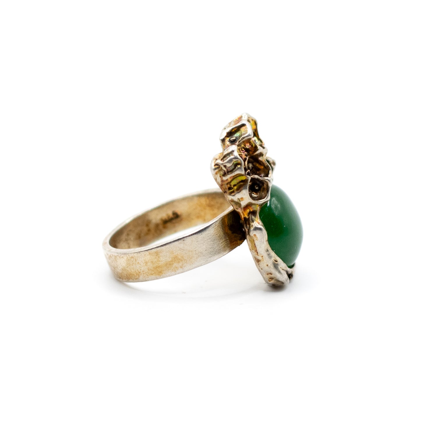 Brutalist Vintage Sterling Silver Ring with Green Chalcedony