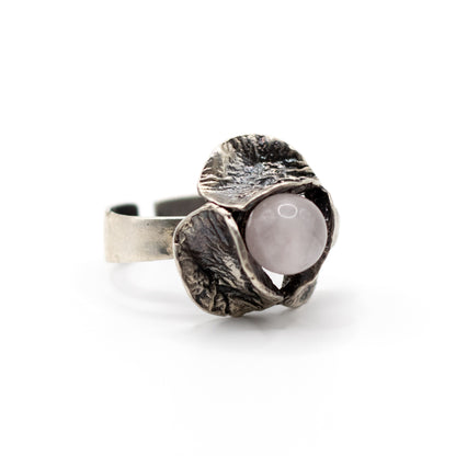 Perli Rosenquarz Silber Vintage Modernist Ring