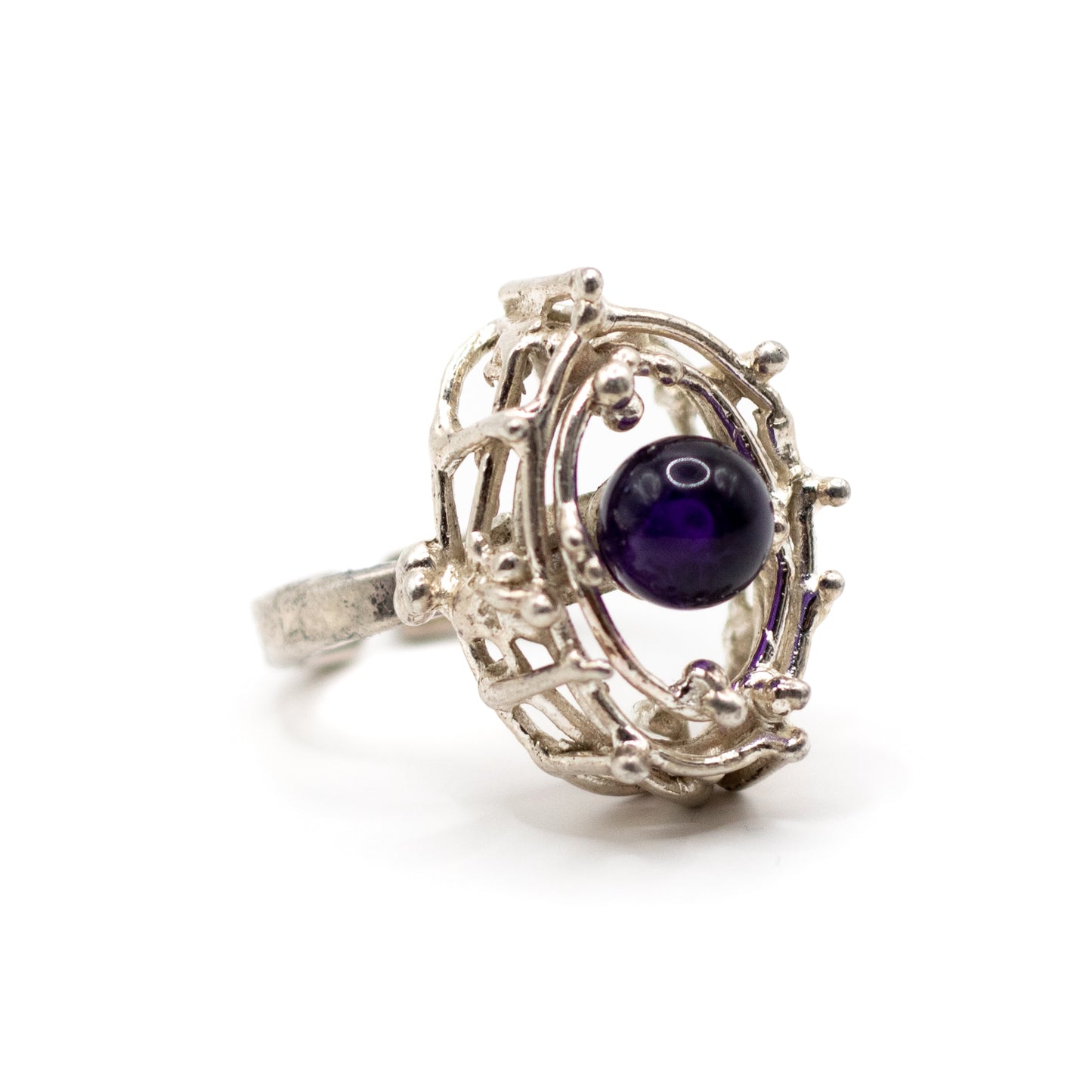 Silver Vintage Brutalist Ring with Amethyst