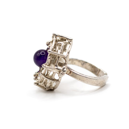 Silver Vintage Brutalist Ring with Amethyst