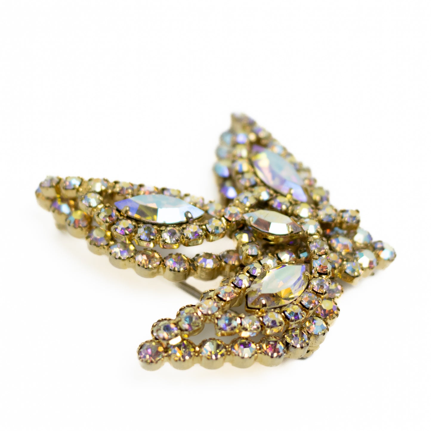 Elegant Large Leaf Brooch with Aurora Borealis Crystals