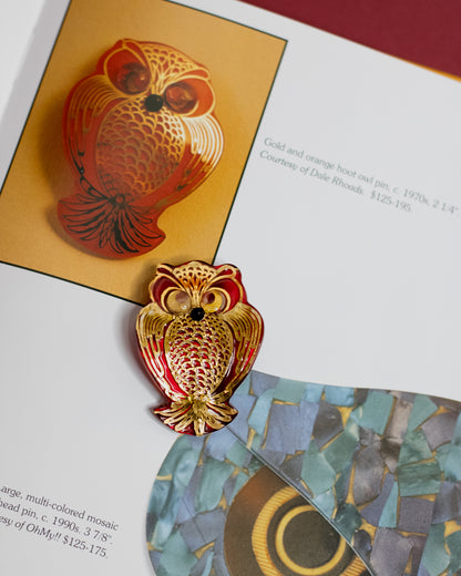 Lea Stein Gold-Printed Red Plastic Owl Brooch