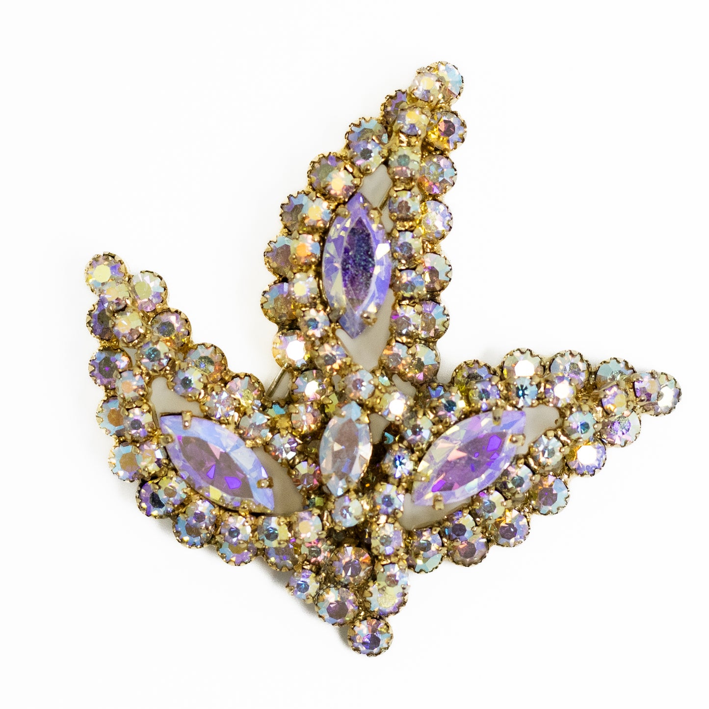 Elegant Large Leaf Brooch with Aurora Borealis Crystals