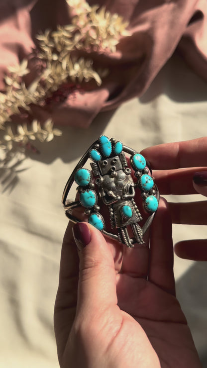 Manchette vintage Kachina en argent sterling amérindien avec turquoise
