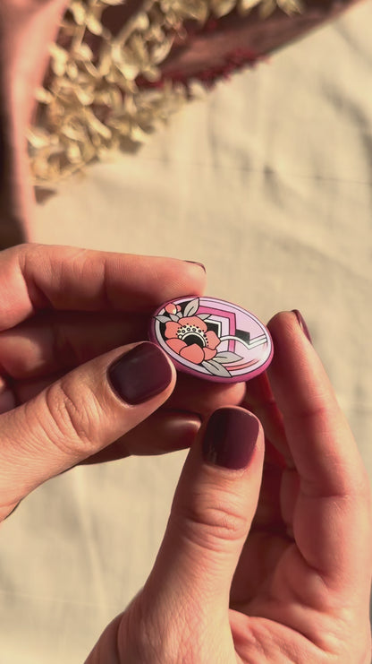 Broche vintage en émail Michaela Frey avec motif floral rose