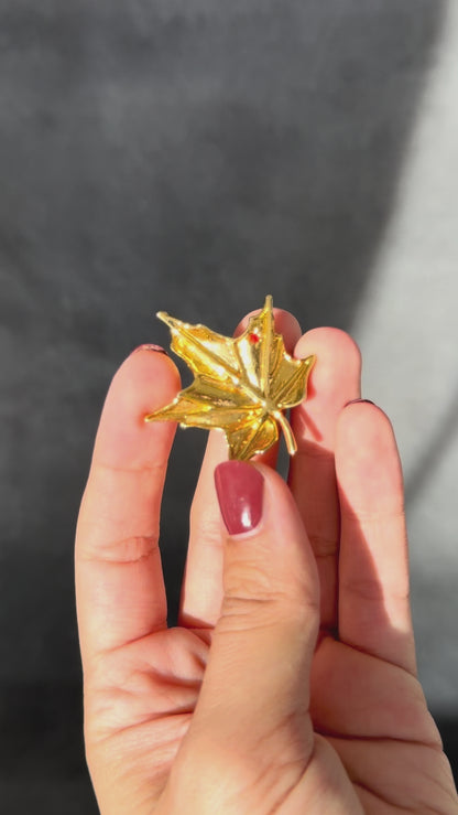 Aconda Gold-Tone Maple Leaf Vintage Brooch with Red Crystal