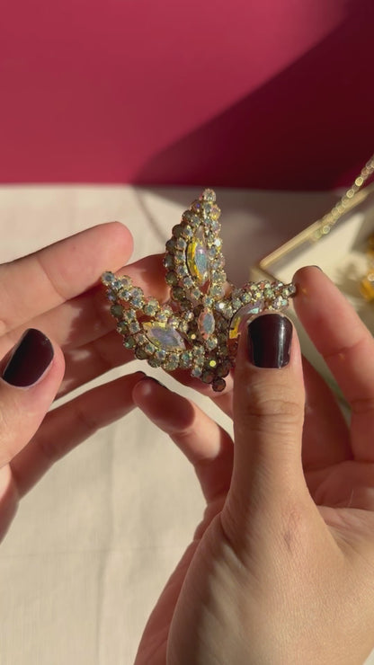 Elegant Large Leaf Brooch with Aurora Borealis Crystals