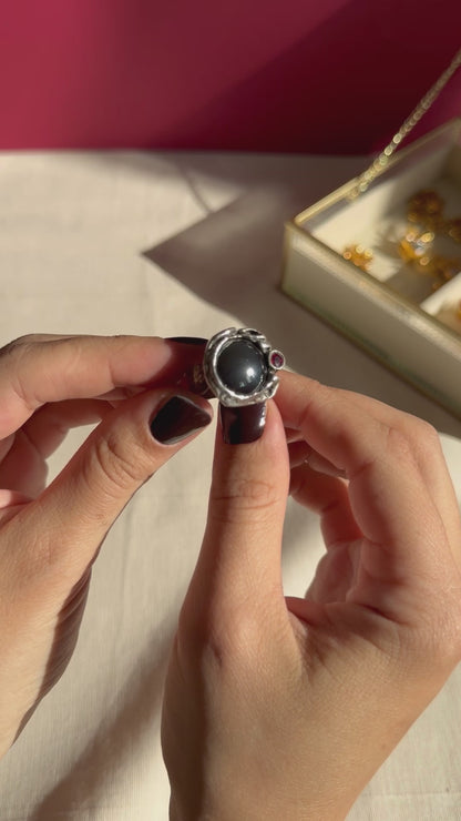 Monika & Burkhard OLY Brutalist Silver Ring with Bloodstone and Garnet