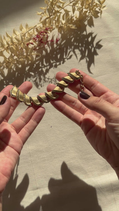 Crown Trifari Vintage Gold Tone Petal Bracelet with Rhinestones