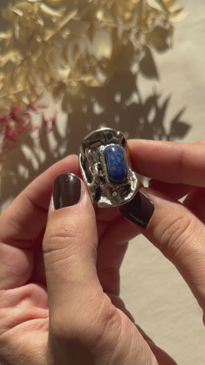 Monika & Burkhard OLY Vintage Brutalist Silver Ring with Lapis Lazuli