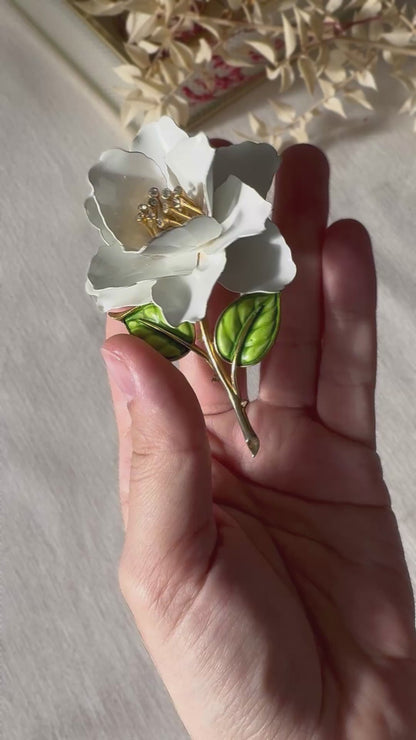 Crown Trifari White Enamel Rose Brooch with Clear Crystals
