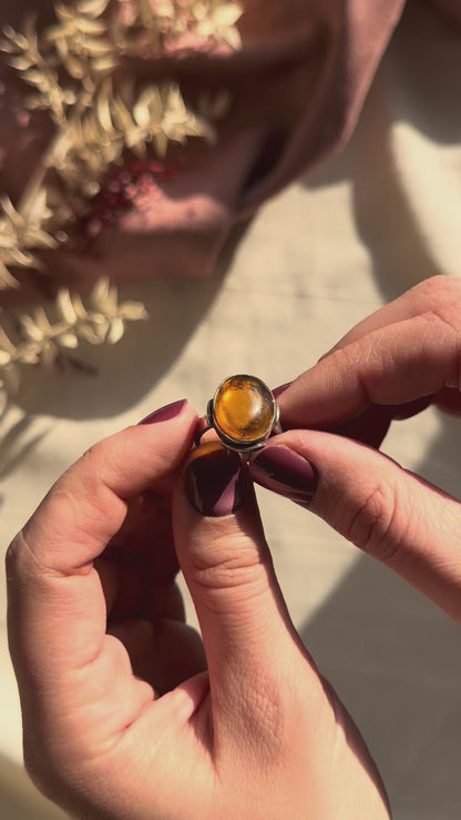 Vintage Modernist Silver Ring With Amber Cabochon