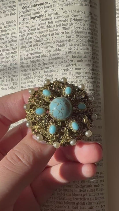 Vintage Austrian or Czechoslovakian Domed Brooch with Turquoise Peking Glass Cabochon