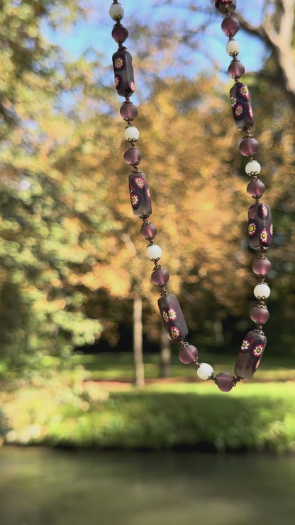 Vintage Venetian Millefiori Necklace with Frosted Glass Beads in Earth Tones