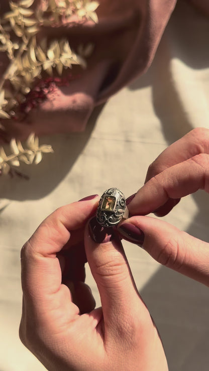 Art Deco Style Vintage Silver Ring With Citrine And Leaf Ornament