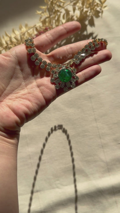 Vintage 1950s Austrian Schoffel & Co Collier with Emerald Green Glass Cabochon and Clear Austrian Crystals