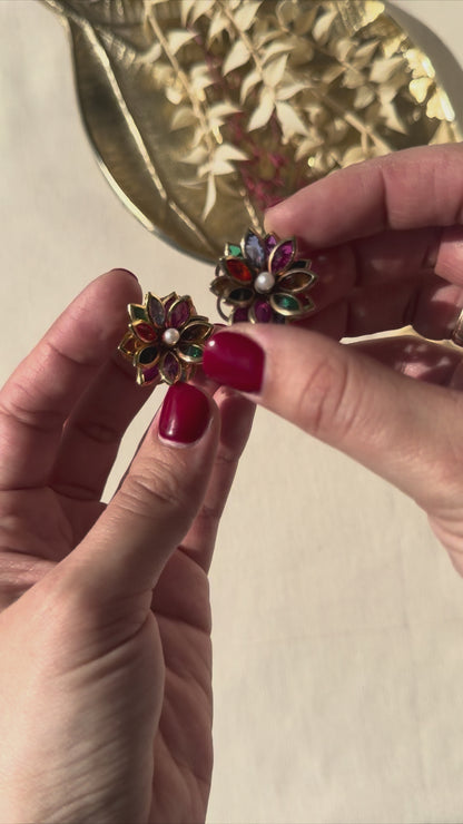 Vintage Bezel Glass Flower Earrings with Rainbow Petals and Faux Pearl Centers
