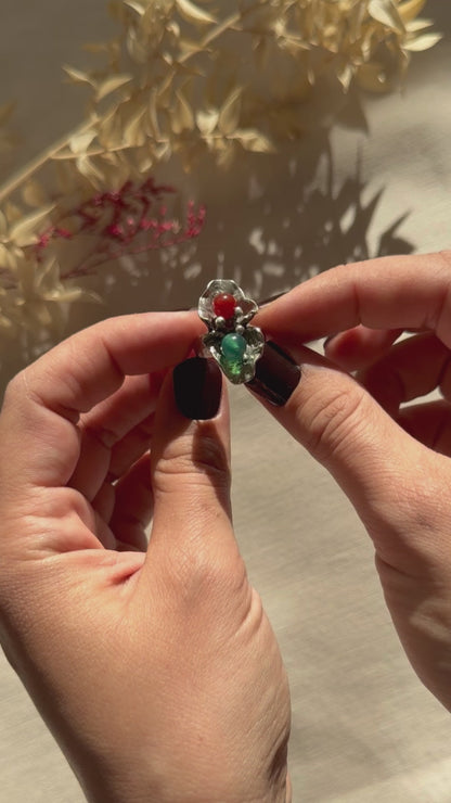 Relo Germany Vintage Brutalist Silver Ring with Carnelian and Chrysoprase