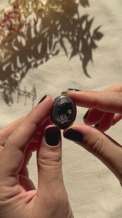 Michaela Frey Black Enamel Floral Locket Pendant Vintage Austrian Jewelry