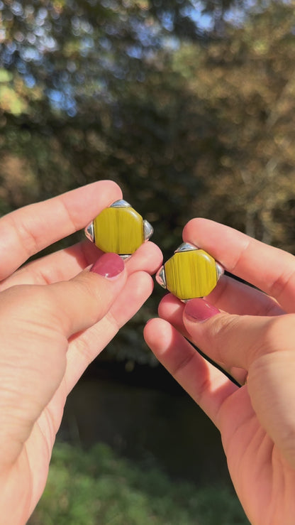 Boucles d'oreilles clips vintage en lucite olive Christian Dior Allemagne, ton argent