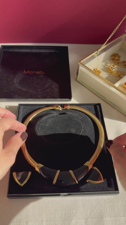 Monet Vintage Black Enamel Omega Necklace and Earrings Set