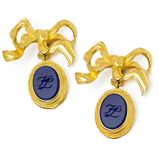 Karl Lagerfeld Clip-On Bow Earrings with Navy Blue Logo